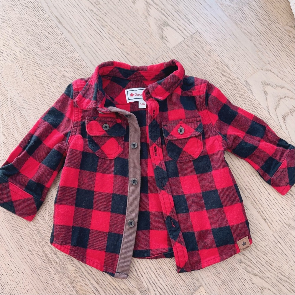 Canadiana Baby Flannel Plaid Shirt – Red & Black Check | Size 3–6M